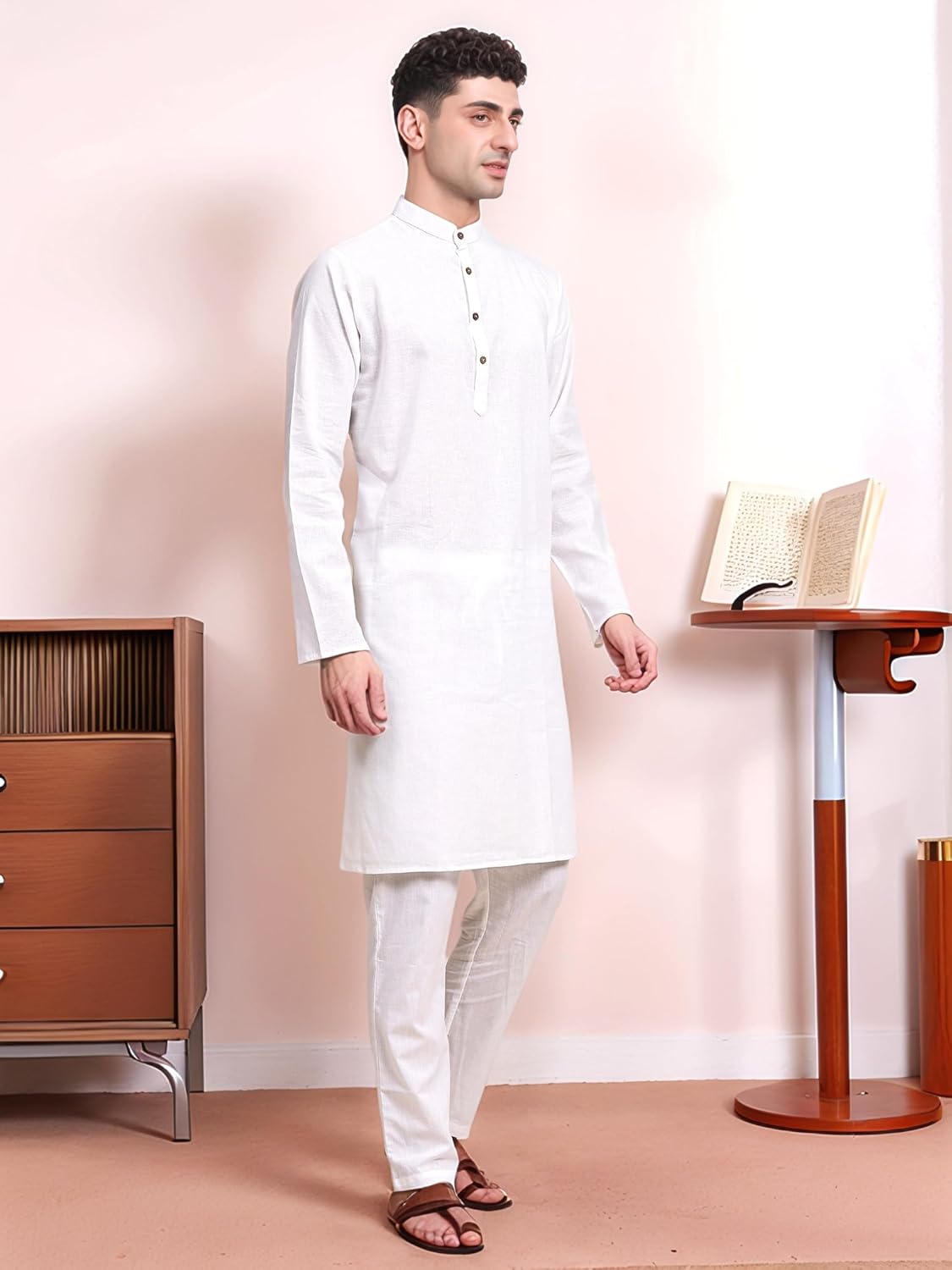 Sojanya since 1958 Men's Cotton Linen Solid Kurta Pajama Mandarin Collar Casual Party Dress